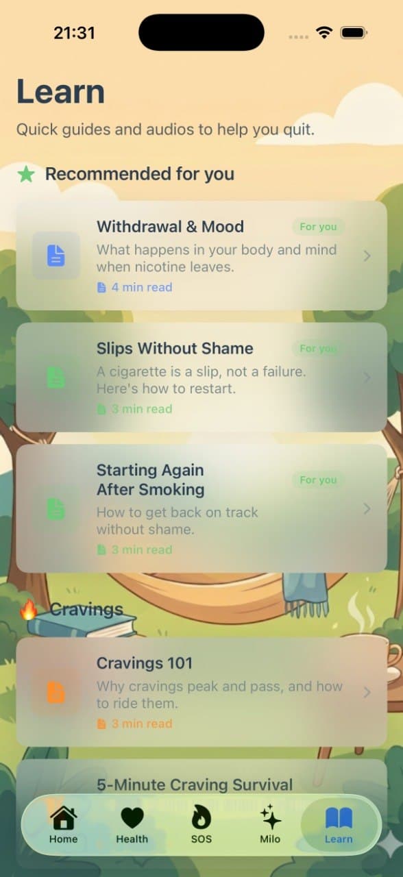 Learn tab: personalized articles on withdrawal, cravings, and recovery